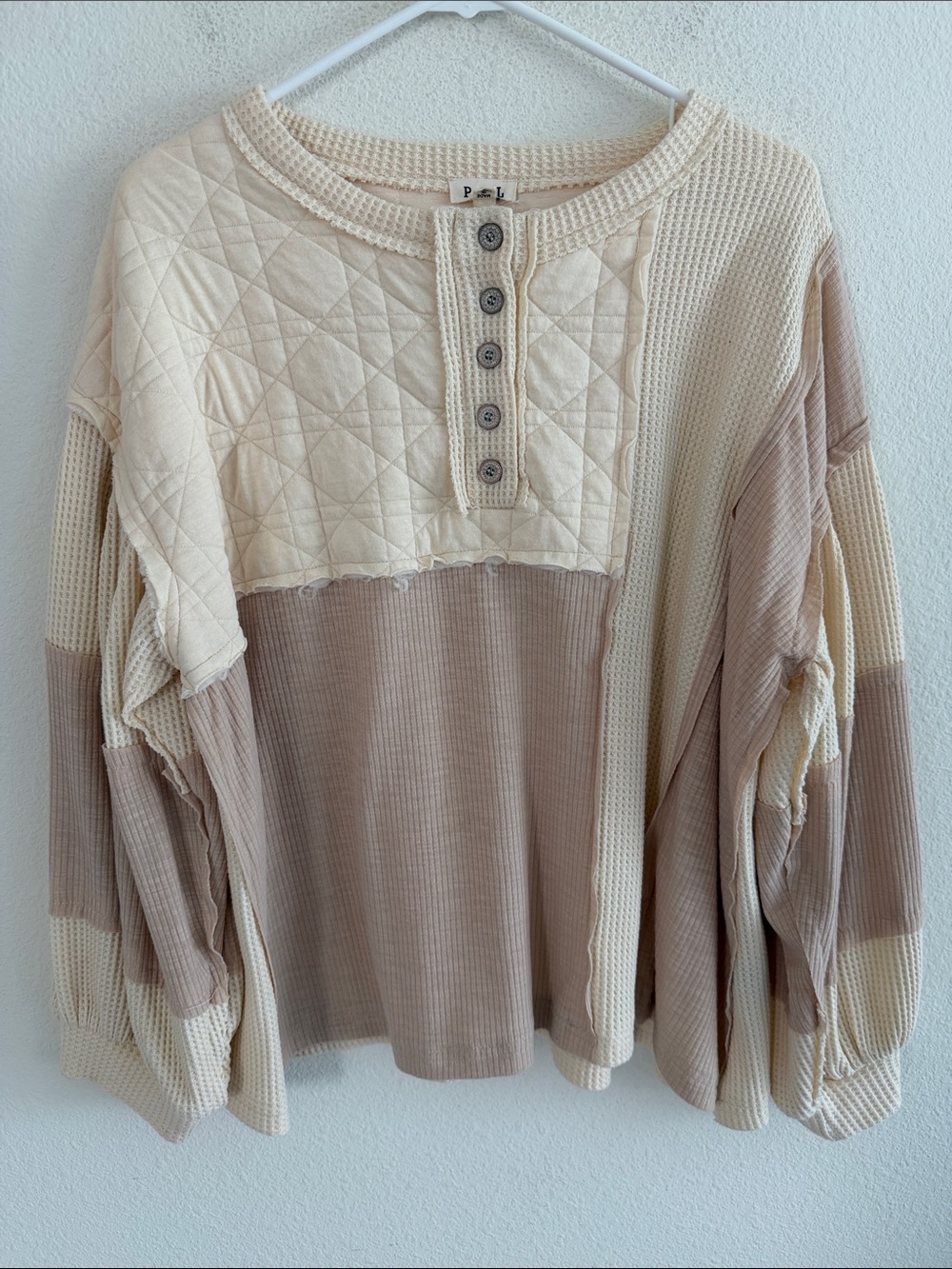 POL Quilted Waffle Knit Lagenlook Boho Henley Long Sleeve